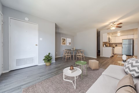 A living room with a grey couch, a white coffee table, and a green plant.