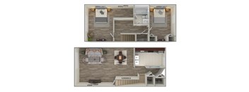 A floor plan of a small apartment with a bedroom and a living room.