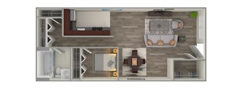 A top-down view of a small apartment with a living room, kitchen, and bathroom.