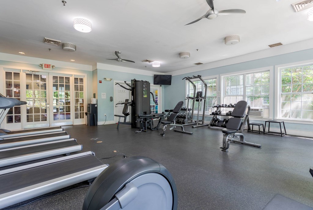 A gym with treadmills, weights, and exercise equipment.at Riverview Landing @ Valley Forge, Pennsylvania