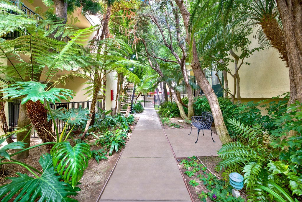 a path through a courtyard with palm trees and plants at Casa De Oro Apartments, California