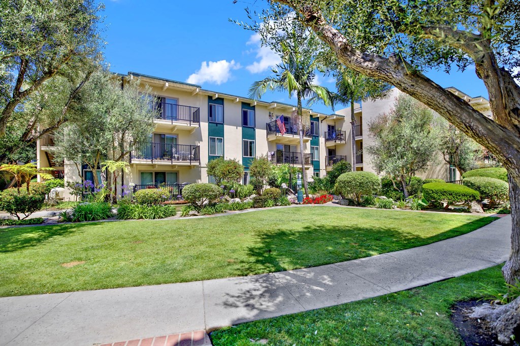 a sidewalk in front of an apartment building with grass and trees at Willow Tree Apartments, Torrance, CA