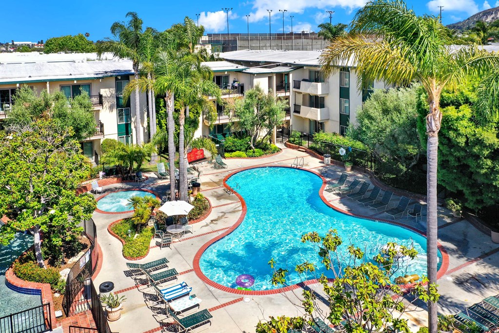 a view of the pool at amphora resort amenities at Willow Tree Apartments, Torrance, CA, 90505
