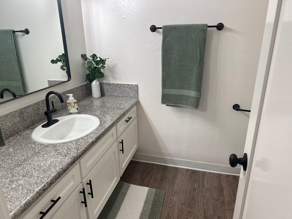 a bathroom with a sink and a mirror and a towel at Willow Tree Apartments, California, 90505