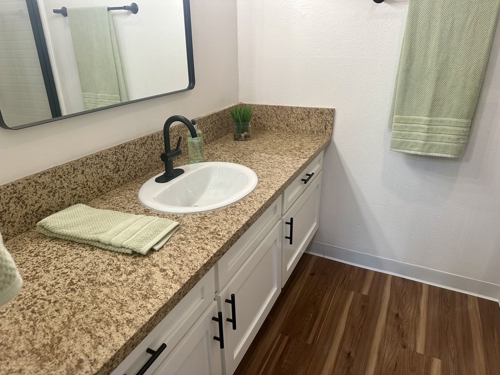A bathroom with a sink and a mirror at Willow Tree Apartments, California, 90505