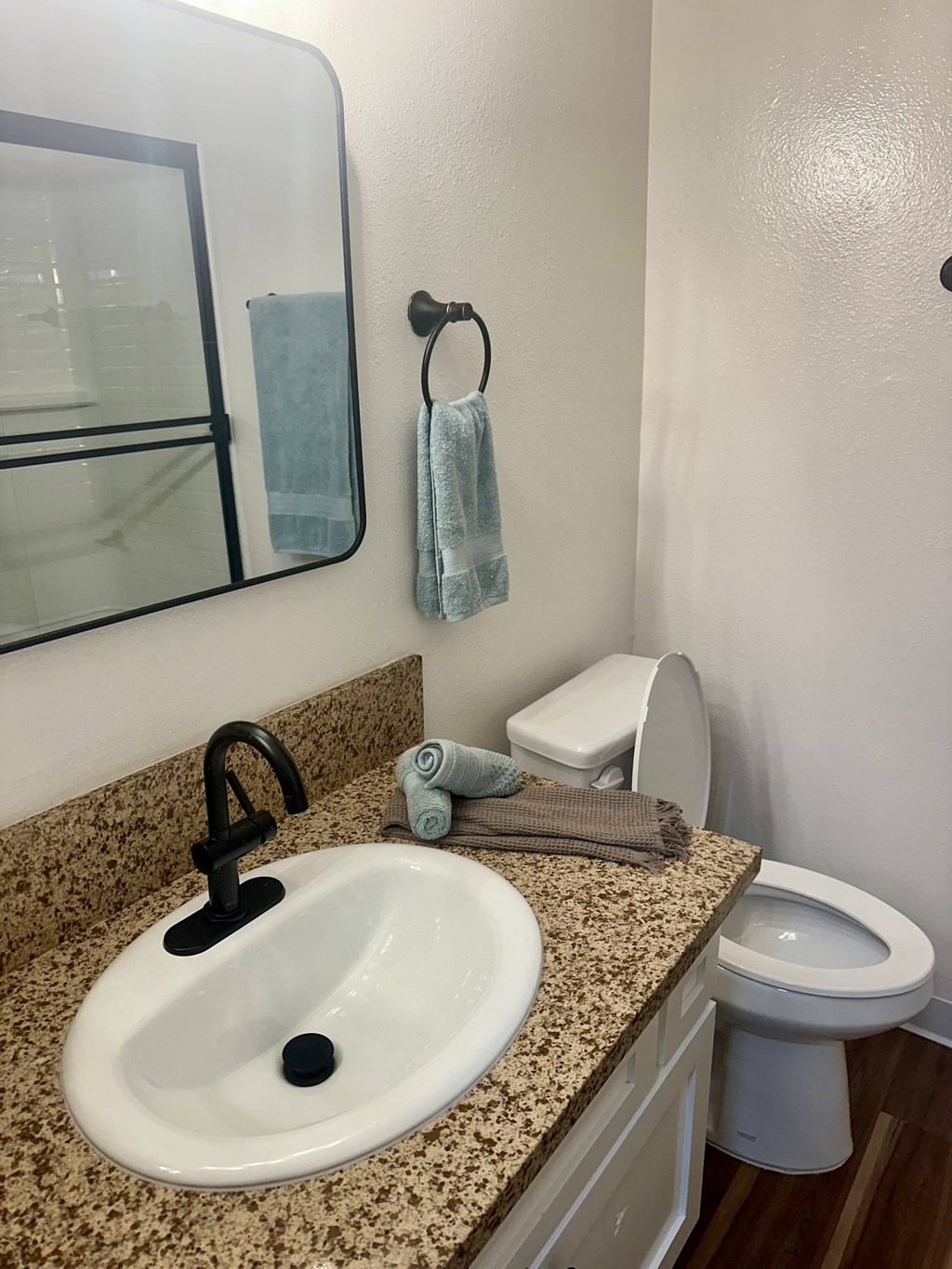 A bathroom with a sink, toilet, and mirror at Willow Tree Apartments, California, 90505