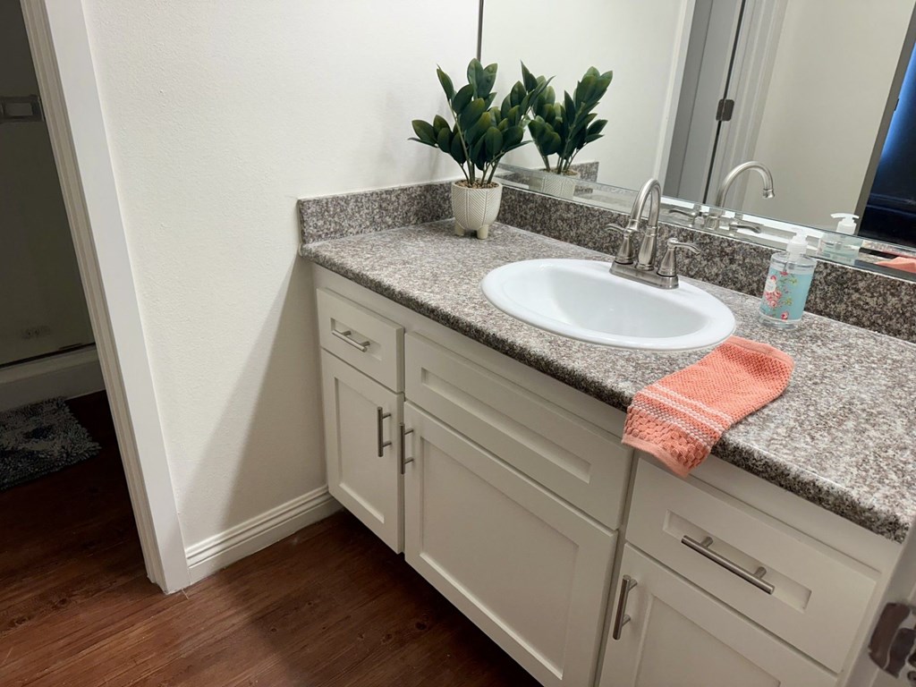 A bathroom with a sink, a mirror, and a potted plant.  at Casa De Oro Apartments, Torrance, 90505