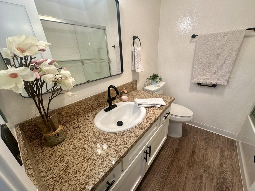 A bathroom with a granite countertop and a white sink at Willow Tree Apartments, California, 90505