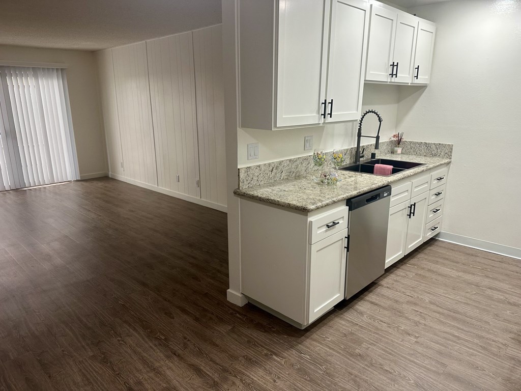 A kitchen with white cabinets and a granite countertop.