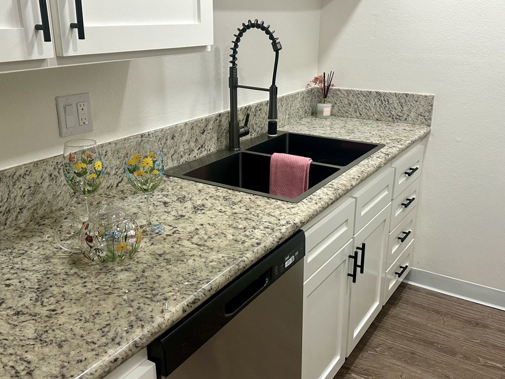A kitchen with a granite countertop and a black dishwasher.