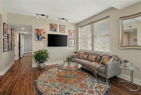 A living room with a grey couch and a rug.