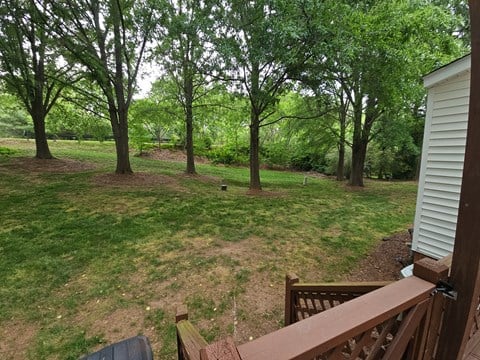 A backyard with a wooden deck and a tree-filled yard.
