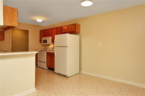 A kitchen with a white refrigerator and a microwave.