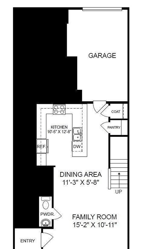 A floor plan of a house with a garage, kitchen, dining area, and family room.