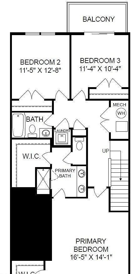 A floor plan of a balcony with three bedrooms and a primary bedroom.