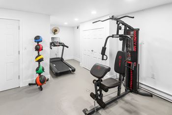 A home gym with a treadmill, rowing machine, and exercise balls.