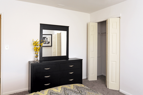 a bedroom with a dresser with a mirror and a closet