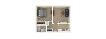 a stylized floor plan with a bedroom and living room