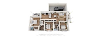 A 3D floor plan of a house with a car parked in the garage.
