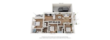 A 3D floor plan of a house with a car parked in the garage.