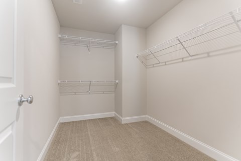 an empty bedroom with a closet with shelves and a door