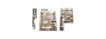 A top-down view of a house layout with a kitchen, living room, and bedrooms.