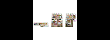 Three different layouts of a small apartment are shown.