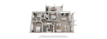 A 3D floor plan of a house with a kitchen, living room, and two bedrooms.
