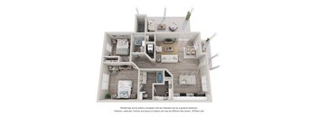 A 3D floor plan of a small apartment with a kitchen, living room, and bedroom.