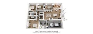 A 3D floor plan of a house with multiple rooms and a garage.