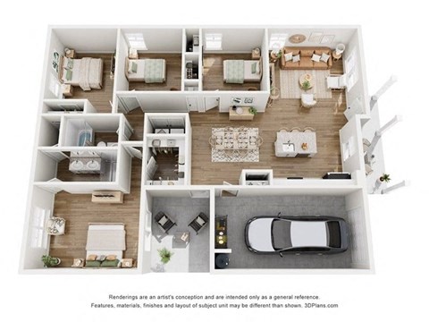A 3D floor plan of a house with multiple rooms and a garage.