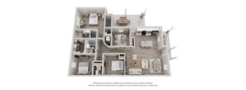 A 3D floor plan of a house with multiple bedrooms and bathrooms.