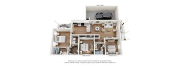 A 3D floor plan of a house with a garage and a car.