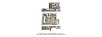 A 3D floor plan of a house with two stories and a garage.
