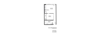 A floor plan of a one bedroom apartment with a kitchen and bathroom.