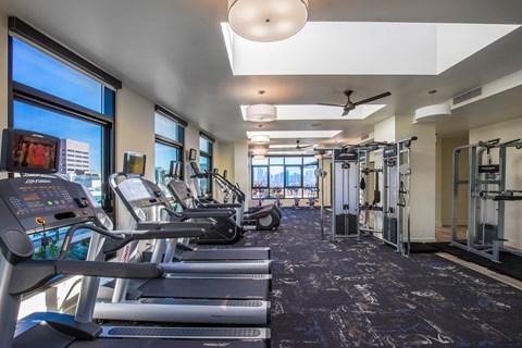 A gym with treadmills and exercise equipment.