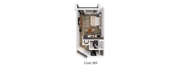 A top-down view of a small apartment layout with the label "Unit: 003".
