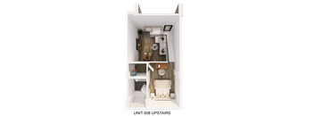 A 3D rendered image of a small apartment with a staircase.