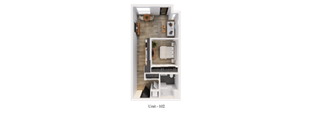A top-down view of a small apartment layout.