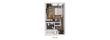 A top-down view of a small apartment with a kitchen, living room, and bathroom.