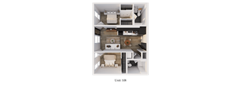 A 3D rendered image of a small apartment layout.