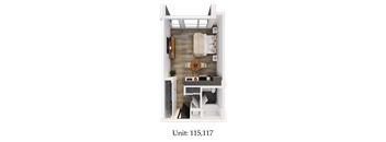 A 3D rendered image of a small apartment layout.