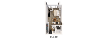 A 3D rendered image of a small apartment layout labeled "Unit: 118".
