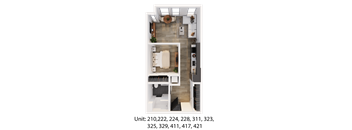 A top-down view of a small apartment with a list of unit numbers.