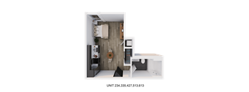 A 3D rendered image of a modern apartment layout.