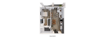 A 3D floor plan of a small apartment with a kitchen, living room, and bedroom.