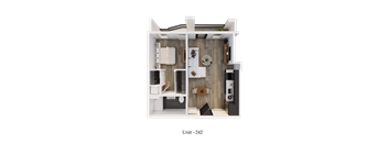 A 3D rendered image of a small apartment layout.
