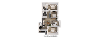 A top-down view of a small apartment with a kitchen, living room, and bedroom.