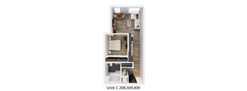 A top-down view of a small apartment with a living room, kitchen, and bedroom.