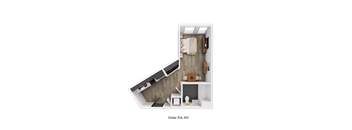A 3D floor plan of a small apartment with a kitchen, living room, and bathroom.
